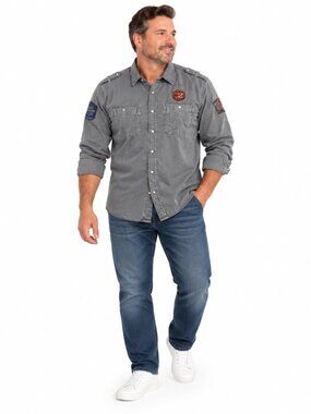 JACHS Mens M Gray Military Utility Shirt Snap Front Patches 100% Cotton